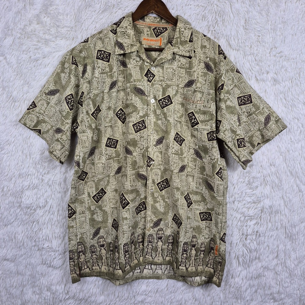 Davoucci‎ Mens Large Vintage Tiki Tribal Print Short Sleeve Button Up Shirt